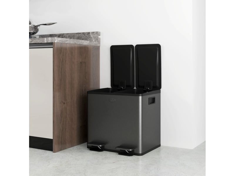  Poubelle à pédale double 2x15 l en acier inoxydable noir avec fermeture douce  - Conforama D