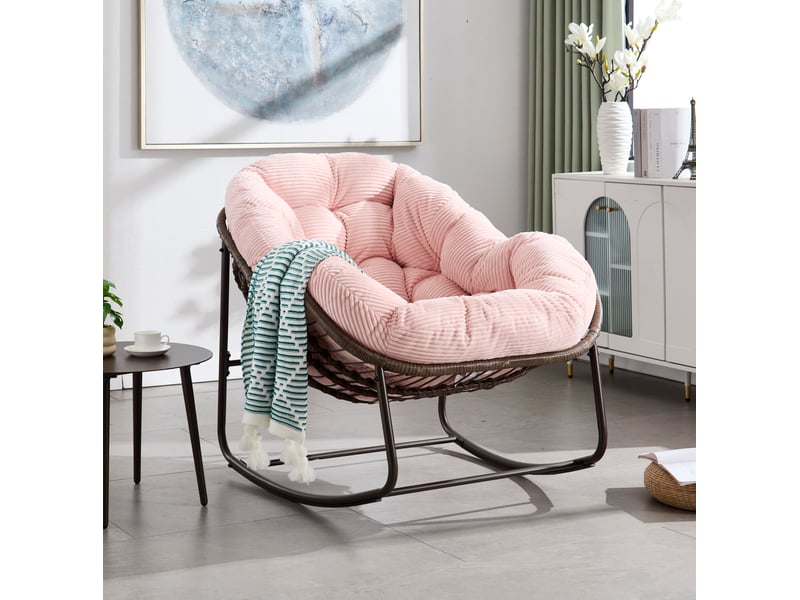  Fauteuil à bascule extérieur en résine tressée rose, structure acier, coussin rembourré pour se détendre  - Conforama B