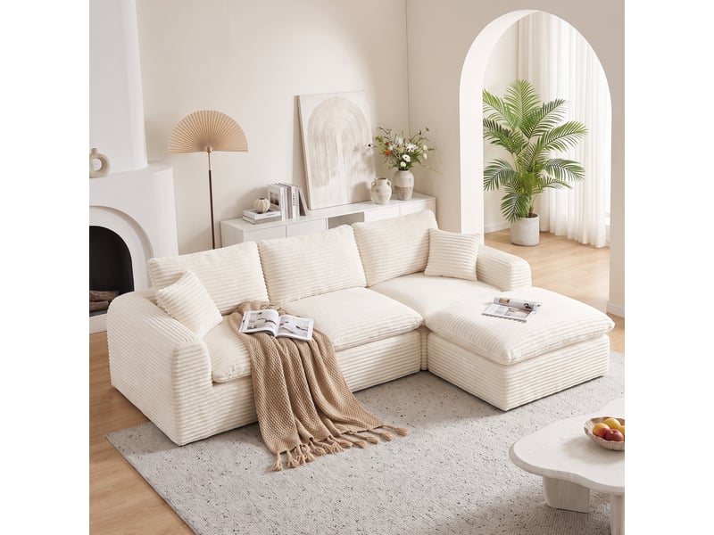 Canapé d’angle modulable 3 éléments beige, configuration 3-en-1 et couchage d’appoint, velours côtelé, 280 x 180 cm IKSETERA TRADING LTD - Conforama E