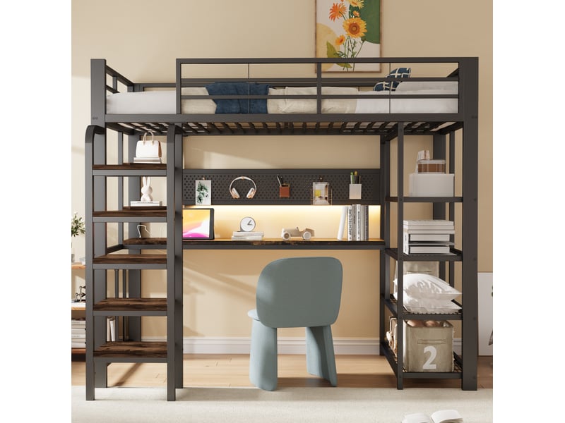  Modenvie lit mezzanine 90x200 cm - avec bureau, led et prises intégrées - pour petit espace - noir  - Conforama E