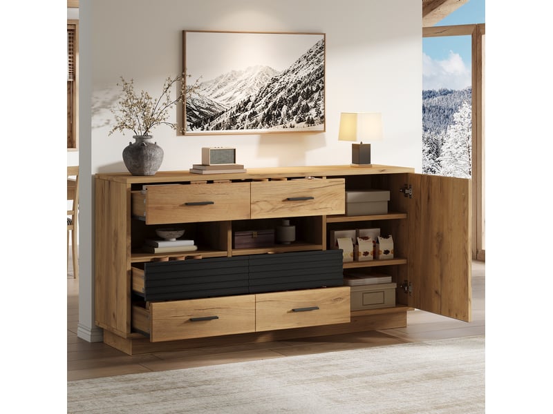 Buffet 140x35x70 cm, 6 tiroirs et 1 porte, effet bois naturel et noir  - Conforama B