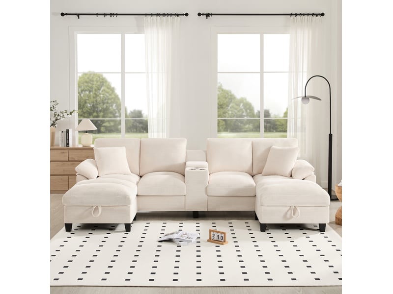 Canapé modulable en u modenvie 4 places avec rangement, usb et porte-gobelets en acier inoxydable, velours côtelé beige 293 x 142 x 93 cm - Conforama E
