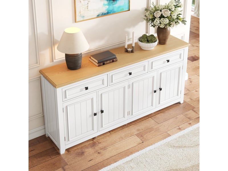  Buffet 3 tiroirs et 4 portes avec étagères réglables pour salon en mdf 160×35×76 cm blanc  - Conforama C