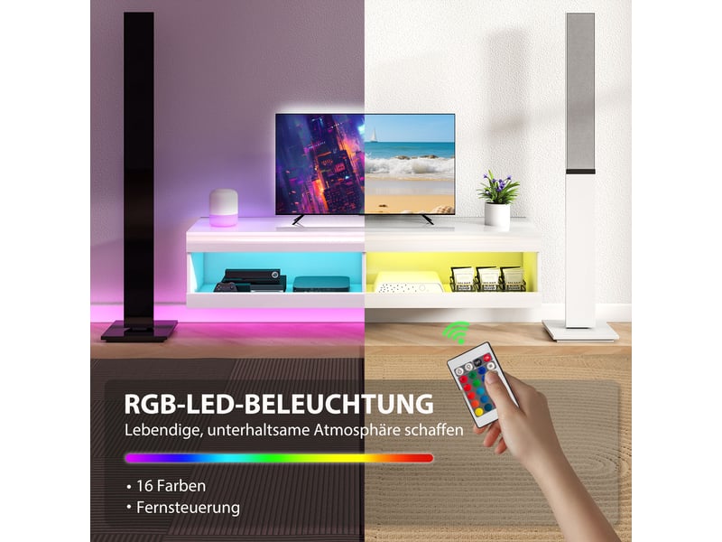  Meuble tv mural avec éclairage led 16 couleurs et 2 niches brillant 140 x 40 x 30 cm  - Conforama D
