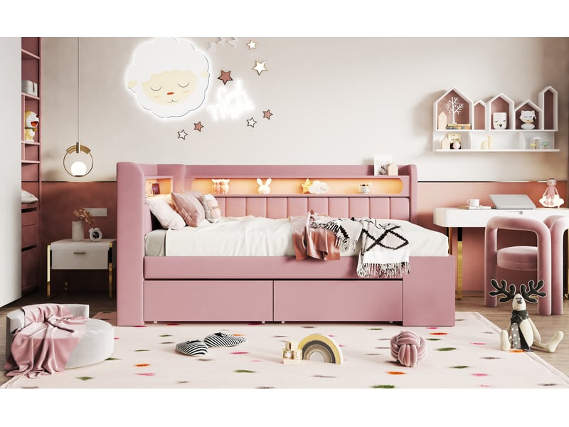 Lit banquette 90 x 200 cm, lit enfant type banquette, 2 tiroirs, bureau intégré, étagères ouvertes, éclairage led, ports usb et usb-c, tissu, rose Morn Vibe - Conforama E