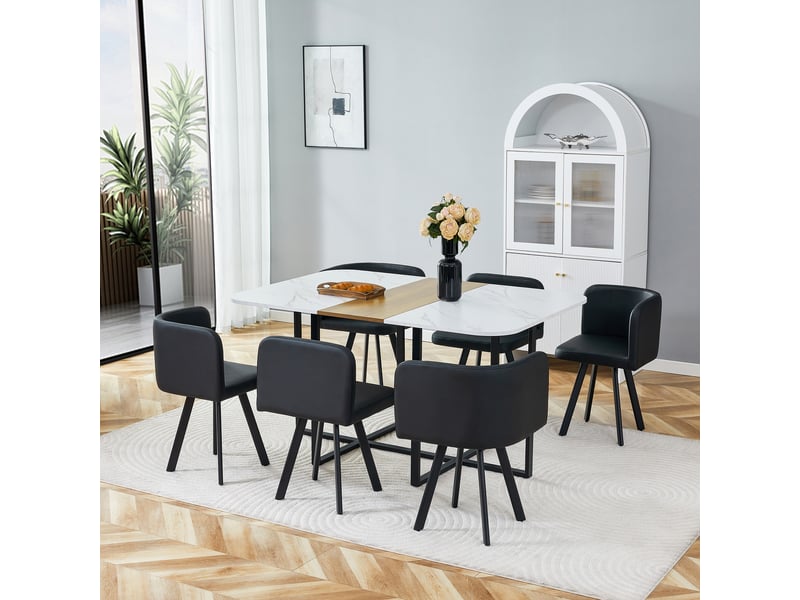 Ensemble table et 6 chaises, table à manger 6 places en mélamine blanc et bois, assises pu et structure métallique noire  - Conforama D