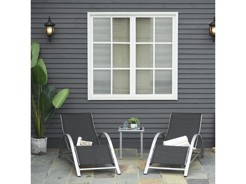  Ensemble de 2 chaises longues de jardin et table en verre, chaise longue en tissu respirant, 59 x 169 x 66 cm, noir et gris  - Conforama B