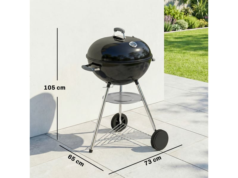 Barbecue au charbon rond avec thermomètre et étagère inférieure, en métal et acier inoxydable, 73x65x105 cm, noir  - Conforama E