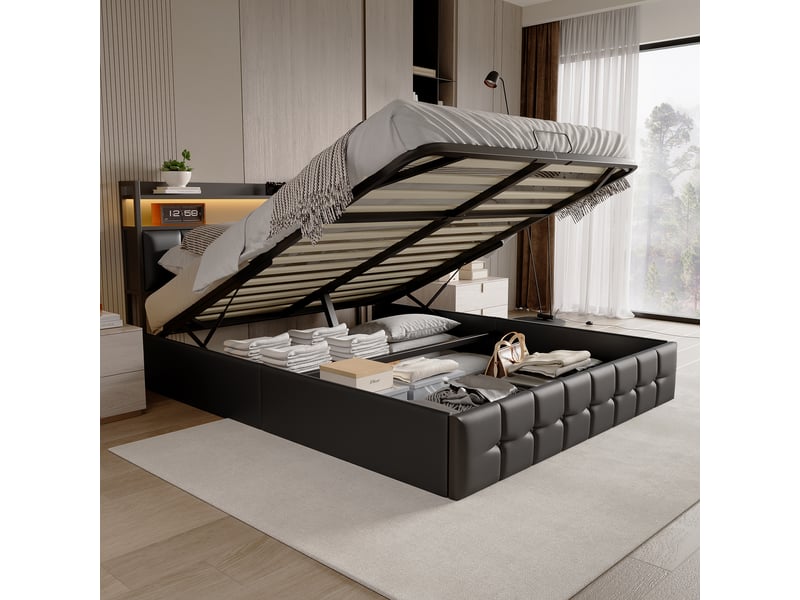  Lit cadre de rangement 160×200cm, avec rangement à assistance hydraulique, lit revêtu en pu noir, tête de lit avec éclairage led et port usb, lit double moderne, matelas non inclus 231225HGY0102#ADHWiFpL4oFRHF - Conforama B