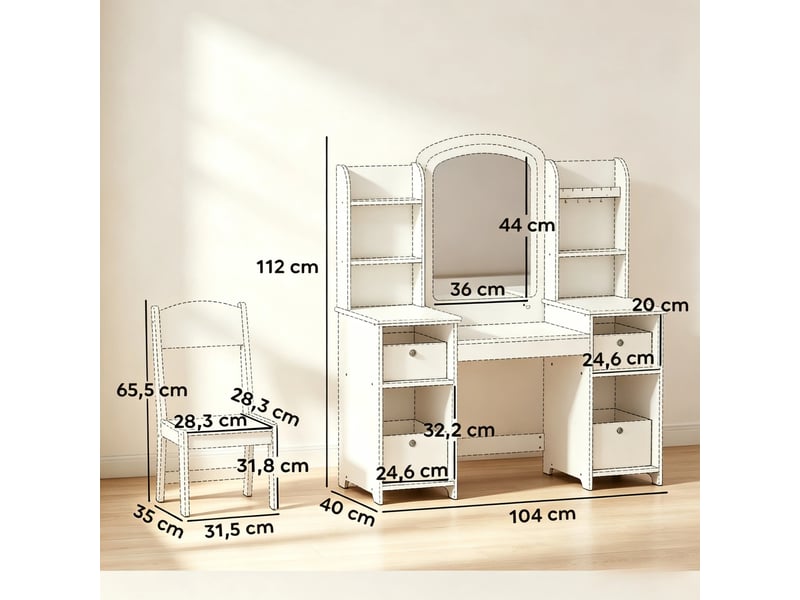  Coiffeuse pour enfant avec tabouret et miroir led en mdf blanc 104 x 40 x 112 cm T5828P574879 - Conforama C