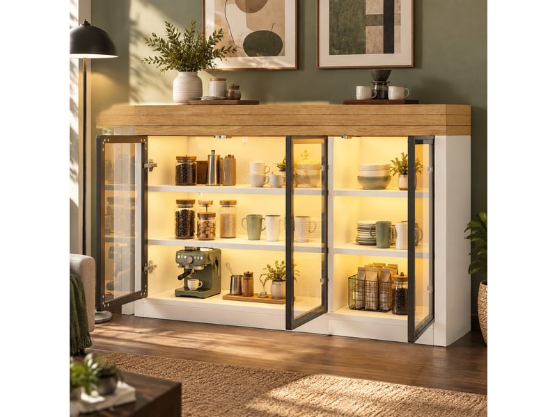  Table de salle à manger extensible avec meuble latéral rotatif à 360° et éclairage, pour cuisine 120-197×40×72 cm  - Conforama B