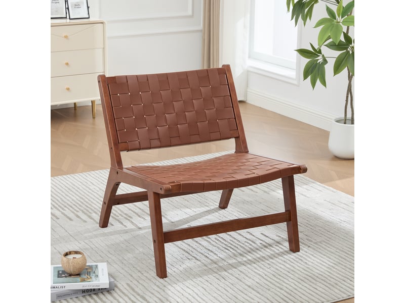  Chaise d appoint damier tissée pu cadre en bois intérieur extérieur 71x66x72 cm marron evarich - Conforama E