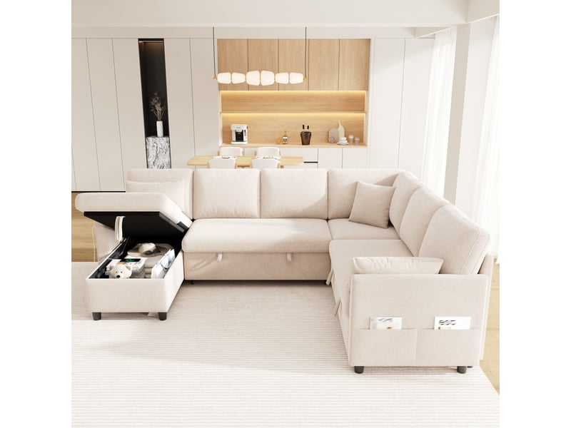  Canapé d'angle en lu convertible ,6 places, avec ports usb et type-c, poche latérale, 3 coussins,255 x 196 x 85cm,beige  - Conforama E