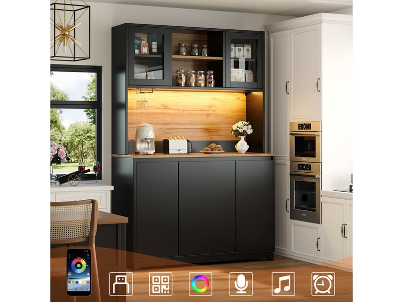  Meuble de cuisine muvano, buffet haut de cuisine noir avec led, 120 × 40 × 180 cm  - Conforama B