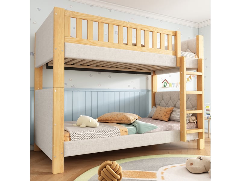  Lit superposé enfant 90x200 cm – gris et naturel – escalier 4 marches, bords souples - sans matelas  - Conforama B