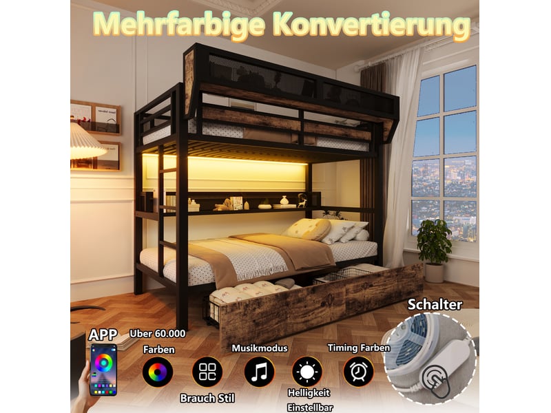  Lit superposé enfant 90x200 cm noir métal-mdf, 2 tiroirs, étagère et éclairage led réglable intégré  - Conforama E