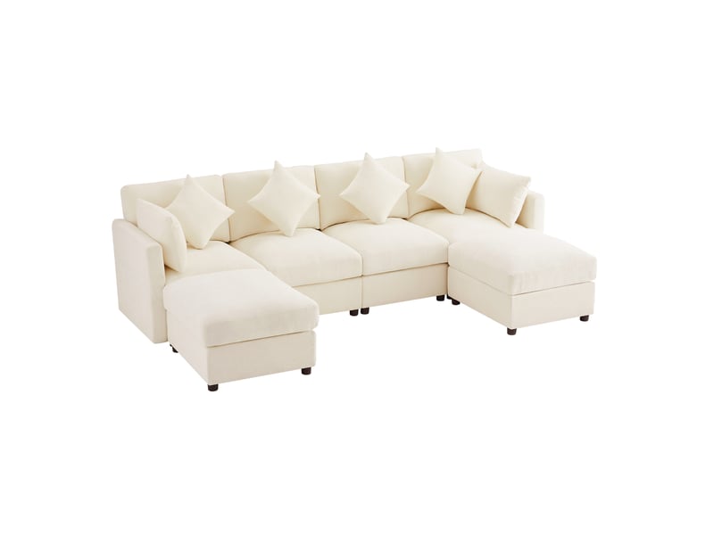 Canapé d’angle modulaire convertible en chenille beige avec 2 poufs - 284 x 156,5 x 86 cm - Conforama A