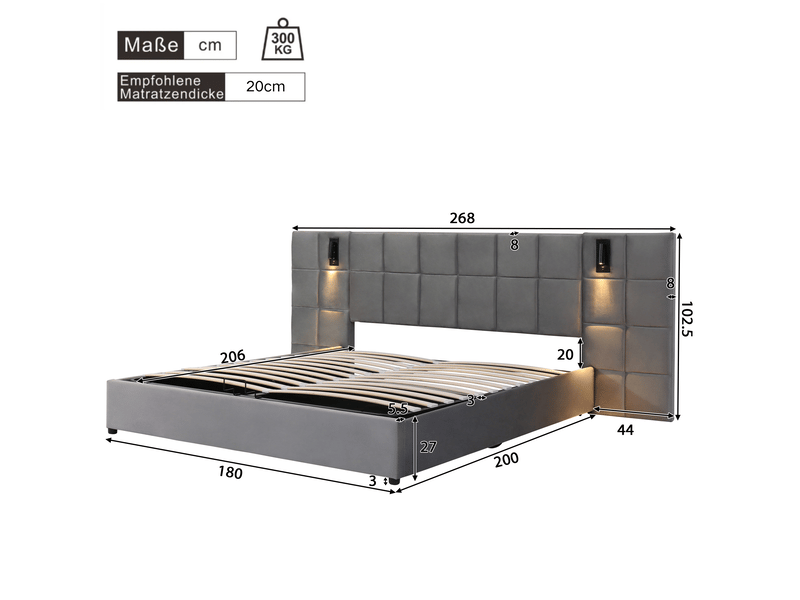  Lit capitonné, lit coffre hydraulique avec lampe orientable et port usb, tête de lit large et rembourrée de mousse, motif à damier, structure en acier, sans table de chevet, velours, 180 x 200 cm, gris  - Conforama C