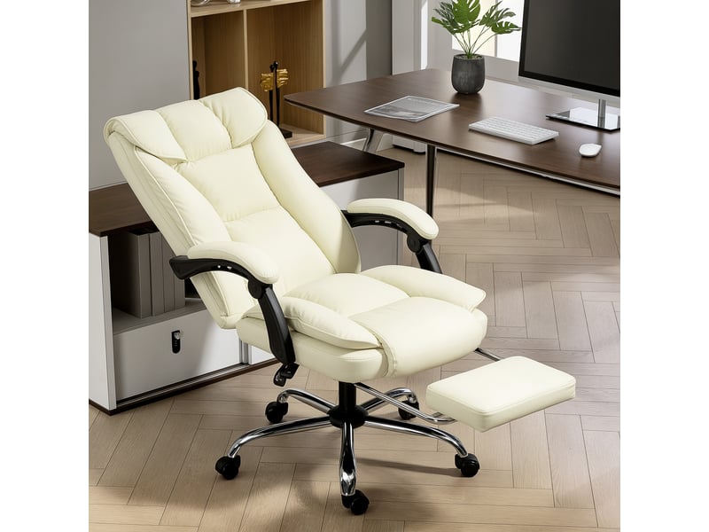  Chaise de bureau ergonomique, fauteuil de bureau inclinable avec repose-pieds, hauteur réglable, pivotante 360°, beige  - Conforama D