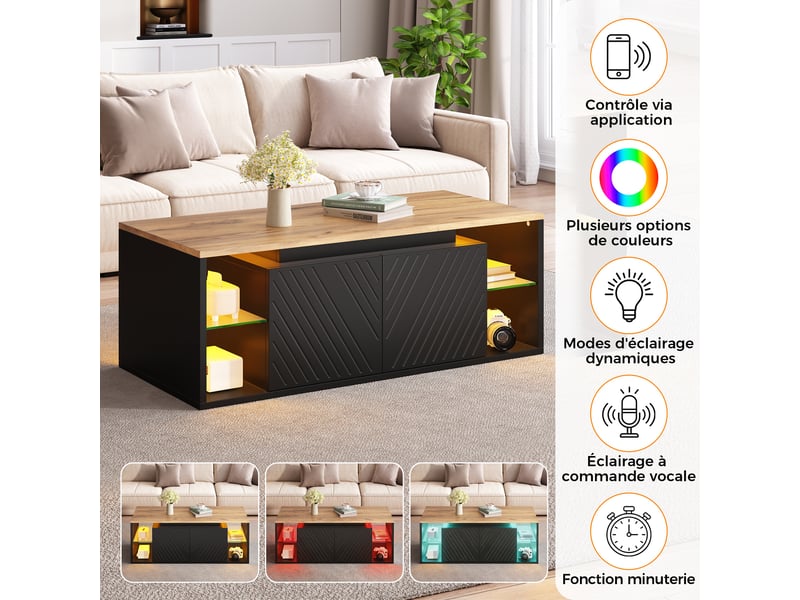  Table basse salon - lumières led - 100x50x41 cm - table basse led avec grand tiroir et compartiment - noir  - Conforama D