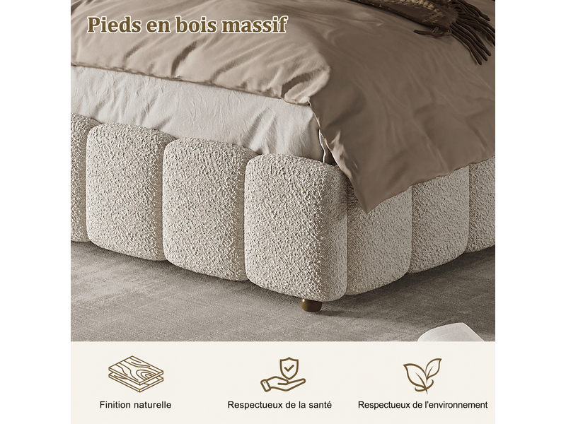 Lit coffre 140x200 cm blanc, tissu bouclé, sommier relevable hydraulique, tête de lit rembourrée, pieds en bois massif, sommier à lattes inclus - Conforama E