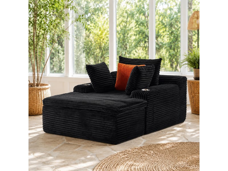  Méridienne pliable en mousse haute densité avec porte-gobelets  - coussins, velours côtelé noir  - Conforama C