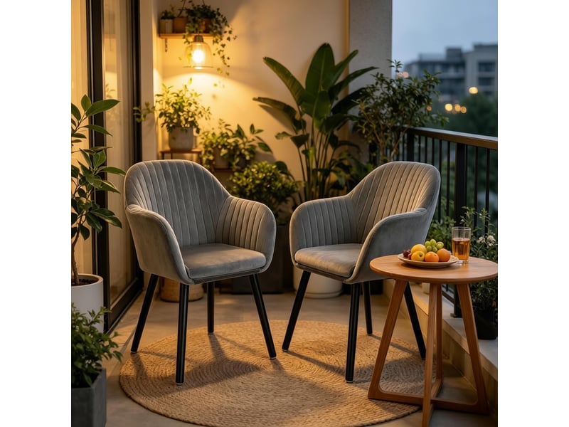  Chaise de salle à manger lot de 2 avec accoudoirs et dossier courbé  - pieds en bois, velours noir ou gris foncé  - Conforama E