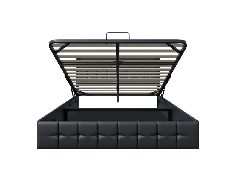  Lit double coffre - 140 x 200 cm-noir - en similicuir pu, avec tête de lit de rangement, éclairage led intelligent, prises et vérins hydrauliques  - Conforama A