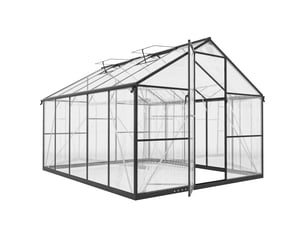 Serre potagère en polycarbonate et aluminium avec porte à charnières et 2 fenêtres réglables, 304 x 247 x 205 cm, noire