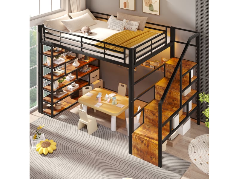  Lit mezzanine 140x200 avec escalier de rangement et tiroirs evryae  - Conforama D