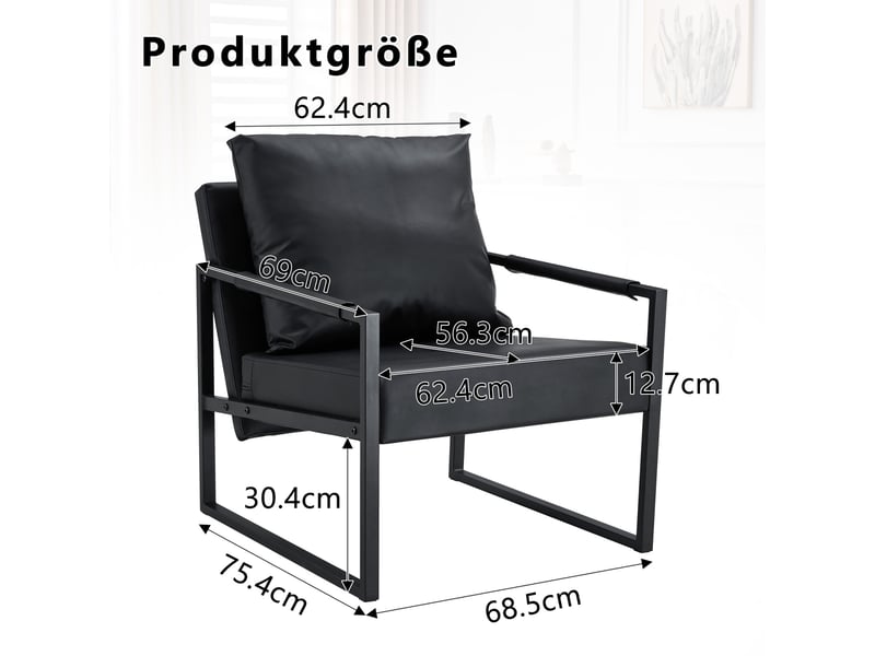  Fauteuil de lecture moderne 68.5x75.4x78cm - avec piétement en métal noir  – canapé individuel pour salon, chambre et bureau – cuir - noir  - Conforama C