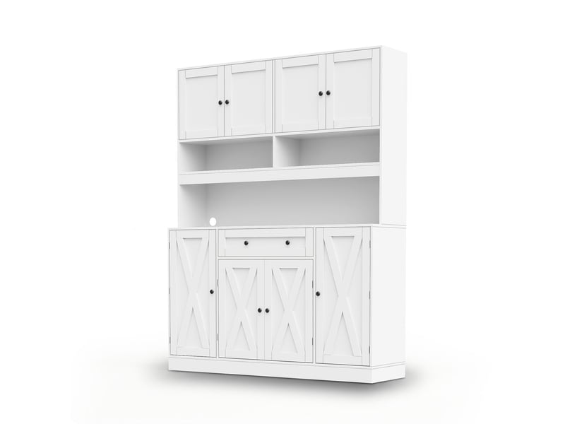 Buffet de cuisine 140 x 40 x 185 cm à tiroir plan de travail intégré prise électrique intégrée grand espace de rangement étagères réglables rangements de porte style campagne finition blanc crème - Conforama A