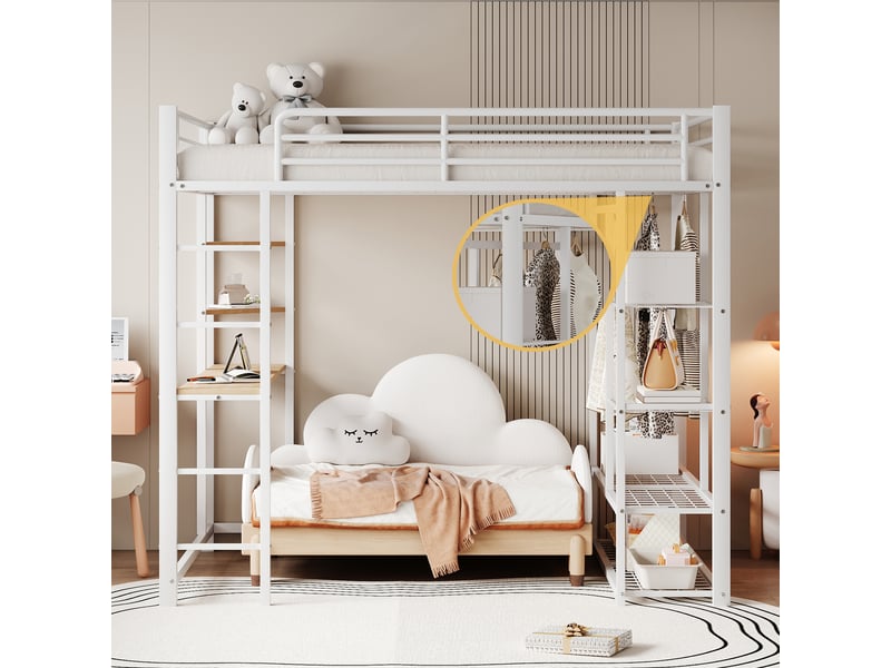  Lit haut enfant 90*200cm en métal blanc, échelle, bureau et étagères, espace de rangement intégré pour ado  - Conforama D