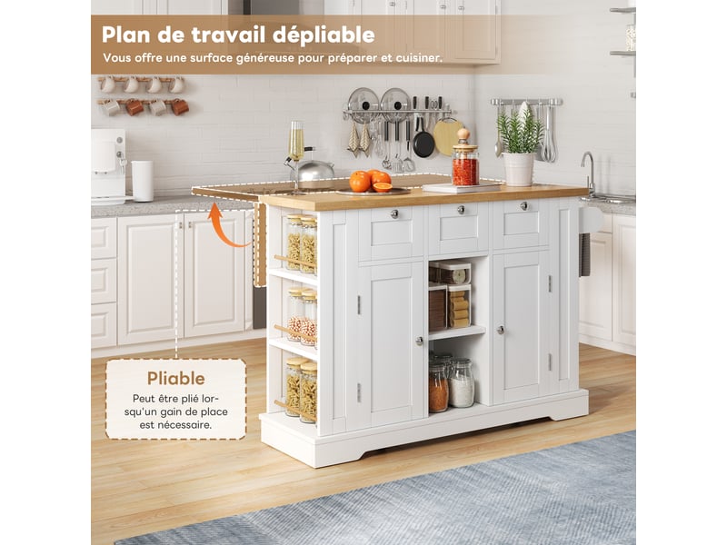  Îlot de cuisine 132x40x87 cm, desserte extensible avec tiroirs, porte-épices, porte-serviettes et prise, mdf, blanc et naturel  - Conforama W