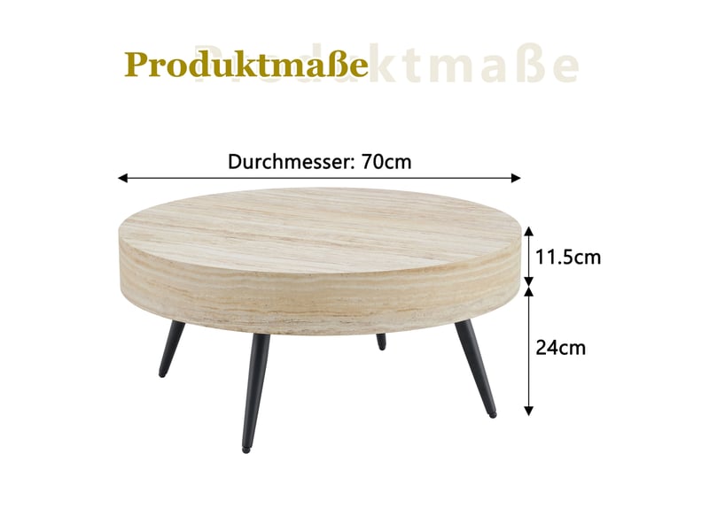  Table basse ronde avec plateau effet travertin, pieds métalliques noirs, style moderne, pour salon, ø 70 × 35,5 cm  - Conforama D