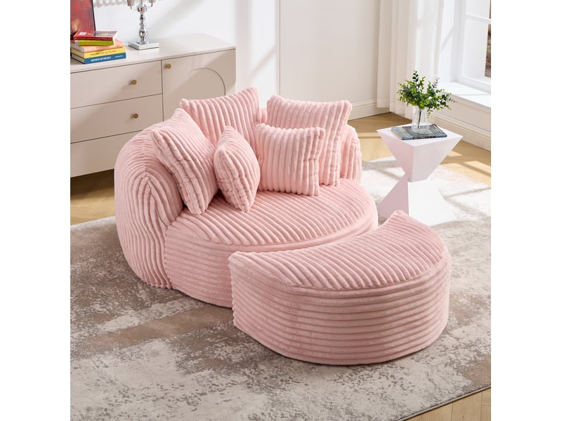  Fauteuil avec pouf rond et 5 coussins, accoudoirs enveloppants, dossier de soutien en chenille rose  - Conforama B