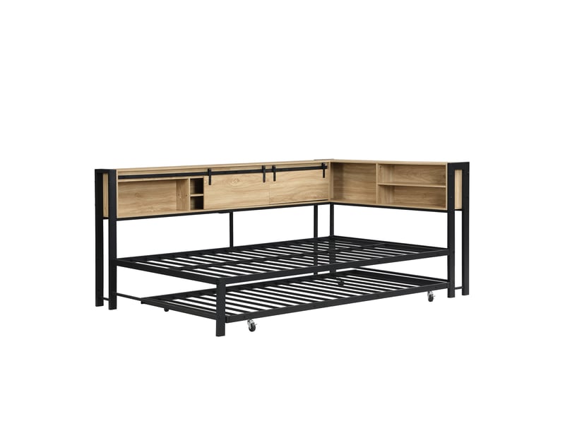 Lit métal 120×200 cm avec lit gigogne 90×190 cm, rangements, noir et naturel  - Conforama E