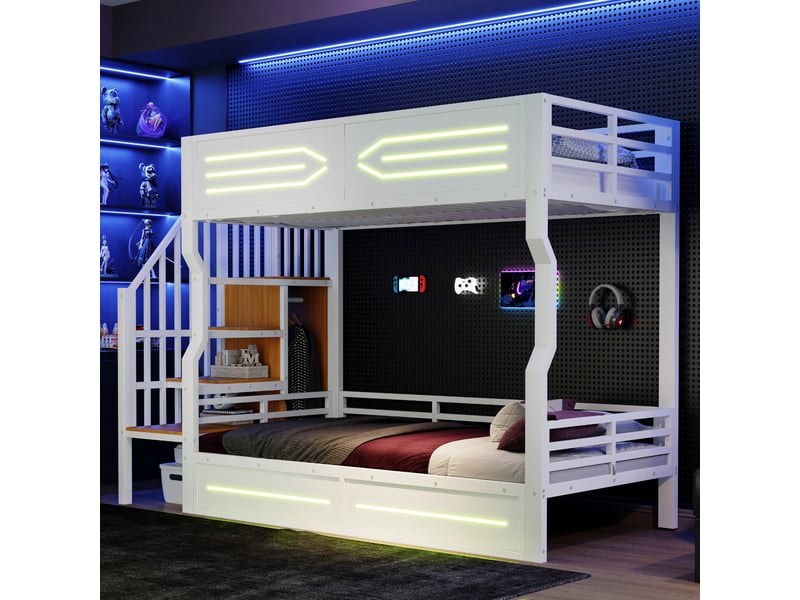  Lit mezzanine métal 90 x 200 cm blanc led escalier rangement avec petit placard garde-corps haut cadre métal chambre ado  - Conforama D