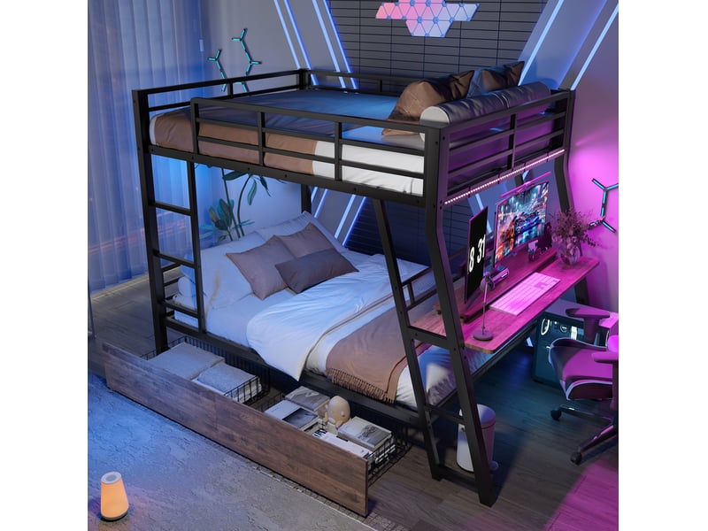  Lit superposé 140x200, garde-corps, escalier, tiroirs 2 placess, gain de place, avec éclairage led, avec bureau, métal noir, sans matelas  - Conforama B