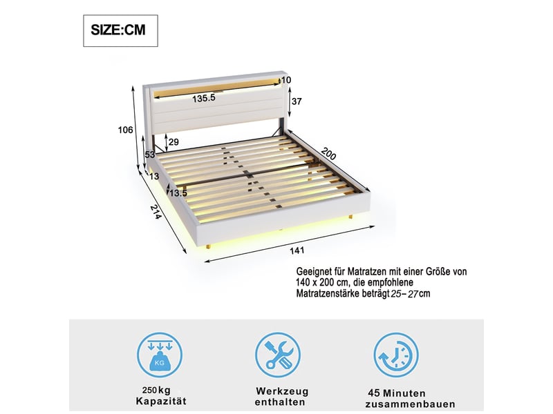  Lit 140x200 cm en lin beige avec led et usb, tête de lit réversible - design moderne  - Conforama C