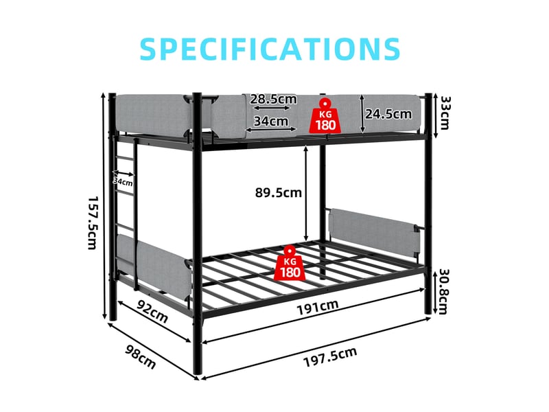  Lit superposé séparable en 2 lits 90x190 cm, barrières amovibles en lin, métal noir, sans matelas  - Conforama C