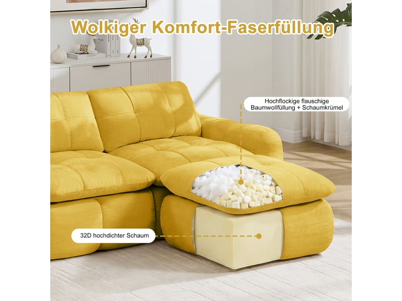  Canapé modulaire 2 places sans cadre avec 2 poufs, assise profonde - lpospi - chenille jaune 194 × 160 × 68 cm  - Conforama E