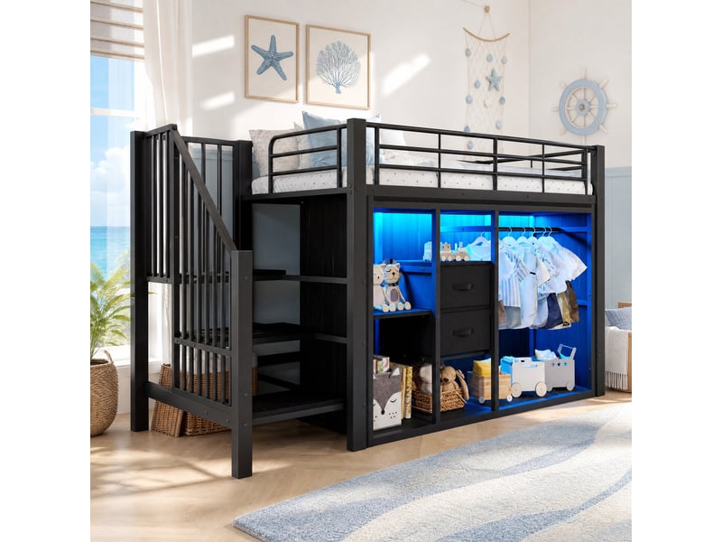  Lit mezzanine 90x200 cm avec 2 tiroirs, dressing ouvert et led multicolore noir  - Conforama B