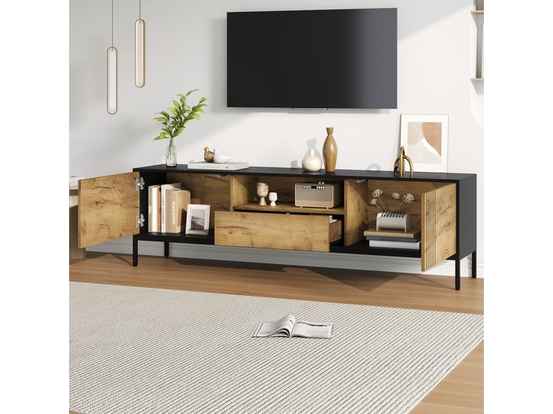  Meuble tv bas 170 cm bois et noir, banc tv avec 2 portes et 1 tiroir, console tv pour écran 70 pouces, meuble de salon  - Conforama D