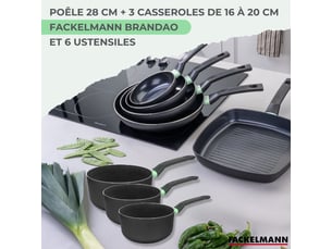 Batterie de cuisine avec 1 poêle 28 cm et 3 casseroles 161820 cm et 5 ustensiles de cuisine fackelmann brandao vario