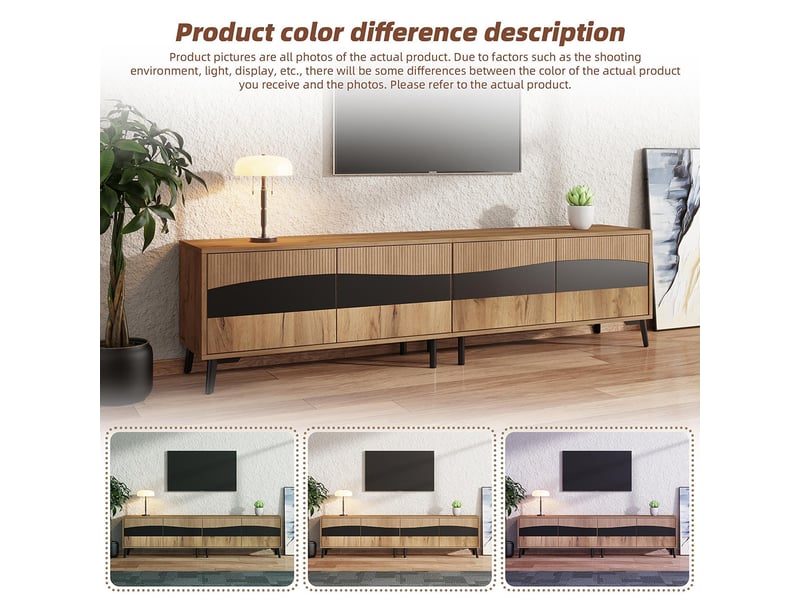 Meuble tv couleur bois support noir 4 armoires 8 pieds capacité charge 30 kg design symétrique bas  - Conforama F