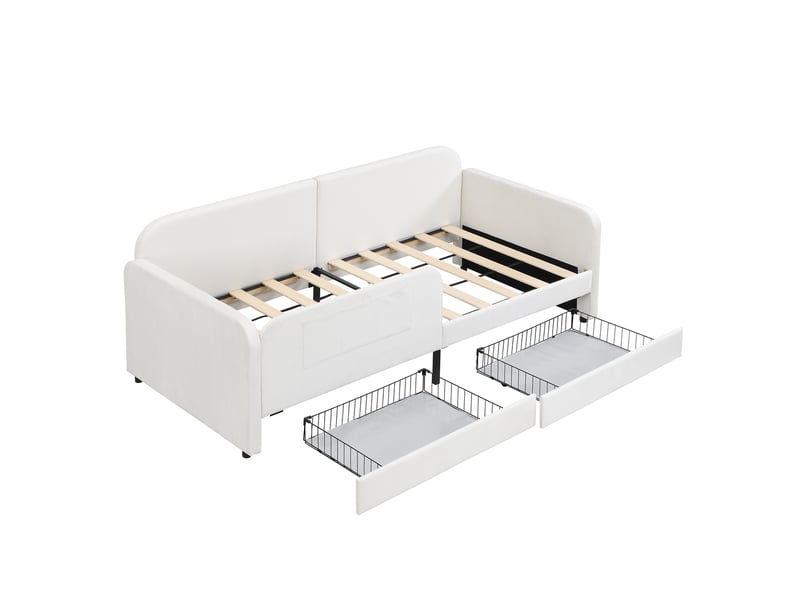  Lit enfant 90x200 cm avec 2 tiroirs à roulettes, 3 petites poches, en velours, sans matelas, blanc  - Conforama D
