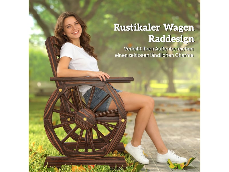 Chaise de jardin en bois avec motif de roue de chariot, chaise en bois de style campagnard, carbonisée - Conforama E