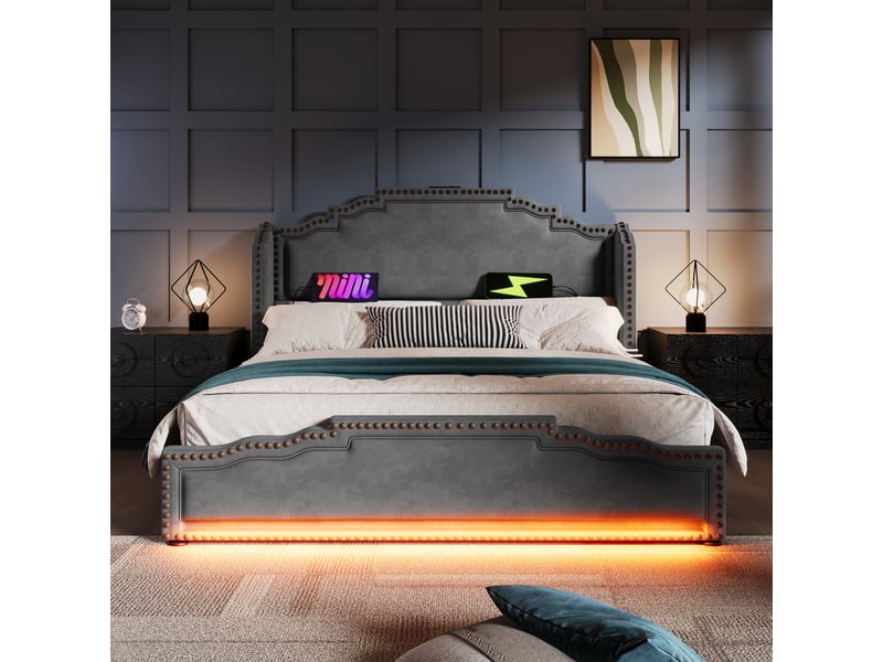  Lit 140x200 cm velours gris, tête de lit led et tiroirs de rangement - sans matelas  - Conforama B