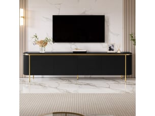Buffet tv mdf 6 portes, pieds en fer, extrémités arrondies, façades rainurées, passage câbles — meuble salon